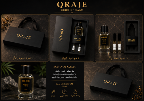 Clear Mind by QRAJE perfume packaging and bottle